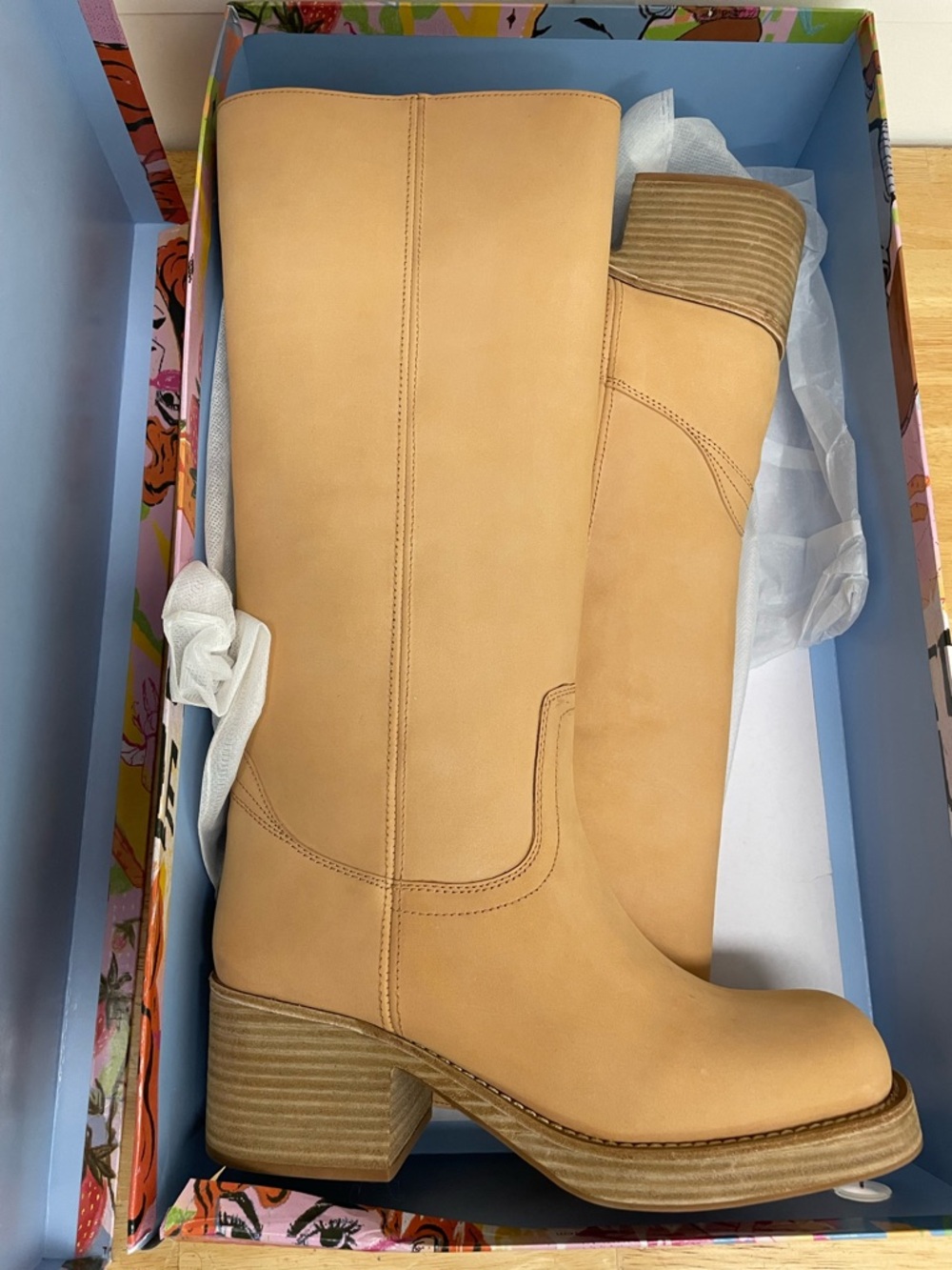 NIB Jeffrey Campbell Reflect Riding Boot 8.5 tan small calf nubuck leather heel